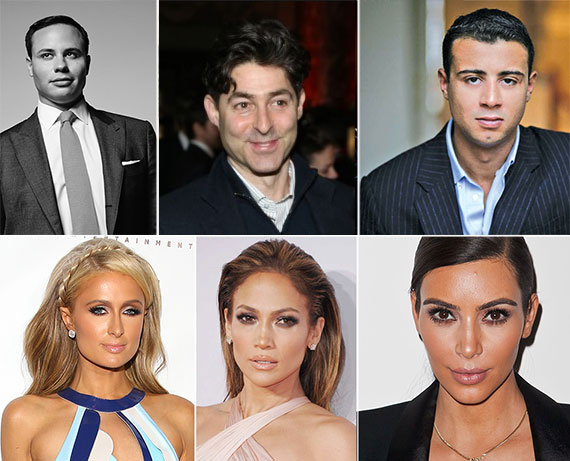 From left: Top: Jared Seligman, Richard Orenstein and Raphael De Niro. Bottom: Paris Hilton, Jennifer Lopez and Kim Kardashian