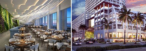 A rendering of the restaurant at the Conrad Fort Lauderdale Beach and the exterior of the building
