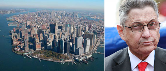 From left: Aerial view of Lower Manhattan and Sheldon Silver