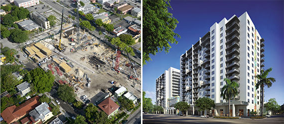 A construction photo and rendering of InTown in Little Havana