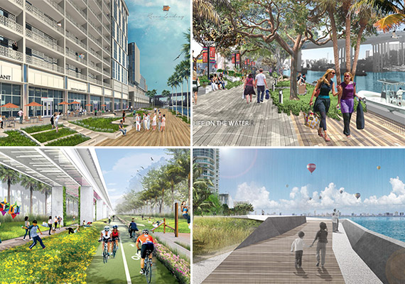 Clockwise from left: two renderings of the River Landing riverwalk (top), rendering of the Biscayne Line and a proposed design for the Underline.