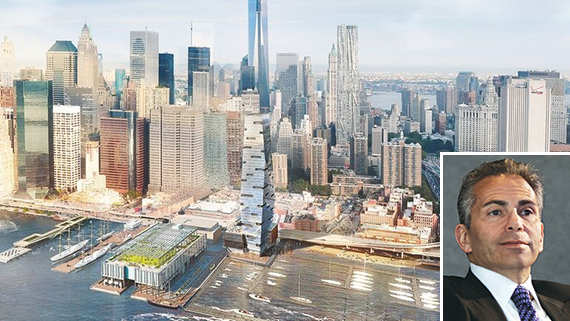 Rendering of South Street Seaport development (credit: SHoP Architects) (inset: Howard Hughes Corp. CEO David Weinreb)