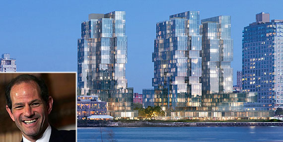 A rendering of Spitzer Enterprises' development along the Williamsburg Waterfront (Credit: ODA Architecture) and Eliot Spitzer