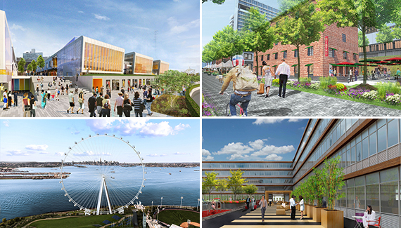 Renderings, clockwise from top left: Empire Outlets, Lighthouse Point, URL Staten Island and the New York Wheel