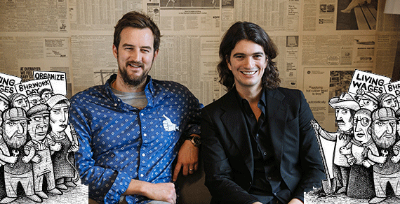 From left: WeWork co-founders Miguel McKelvey and Adam Neumann (inset: 2009 illustration by Angelo Lopez)