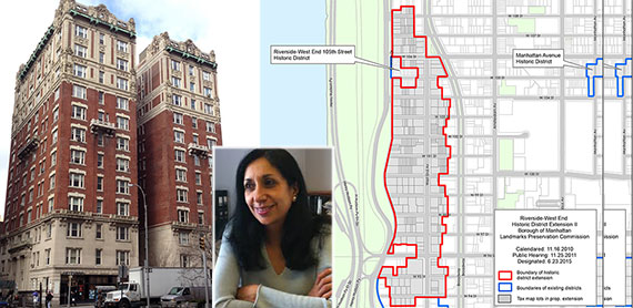 From left: The Cornwall at 255 West 90th Street, Meenakshi Srinivasan and a map of the Riverside-West End Historic District Extension II (Credit: LPC)