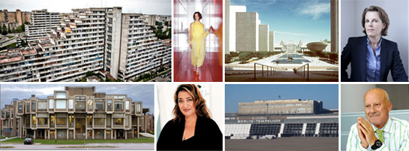 Clockwise from left: Ada Tolla and the Vele Di Scampia in Naples; Annabelle Selldorf and the Empire State Plaza in Albany; Zaha Hadid and the Orange County Government Center in Goshen, N.Y.; and Norman Foster and the Tempelhof Airport in Berlin