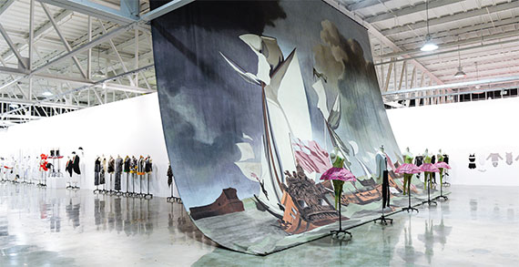 “Making Art Dance,” one of many installations seen at Mana Contemporary, included a David Salle backdrop and costumes for “The Elizabethan Phrasing of the Late Albert Ayler,” a ballet. Photo by Joe Schildhorn.