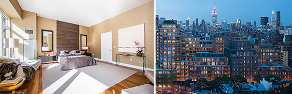From left: the bedroom at the penthouse at 33 West 56th Street and Rudin Managament's Greenwich Lane