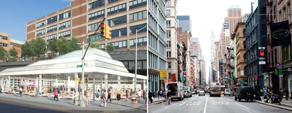 On the left: Savanna’s $86 million purchase of a Meatpacking District retail property at 10th Avenue and 14th Street. Vacancies are rising on Broadway in Soho, right.