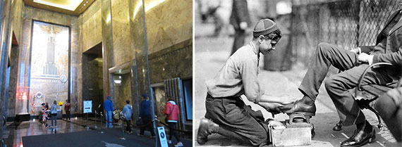 From left: The lobby of the Empire State Building and an old-fashioned shoe shine boy