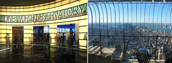 From left: One World Trade Center's observatory entrance and the viewing deck of the Empire State Building