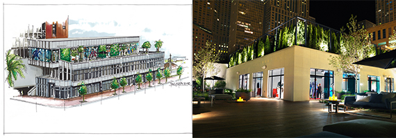 A rendering of Suitsupply's Miami Beach store and its existing store in Chicago