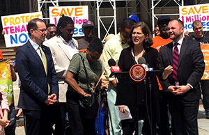Council members Helen Rosenthal, Mark Levine, Jumaane Williams, Andy King, and Corey Johnson call for an end to vacancy decontrol last month