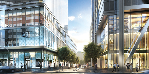 A rendering of the street-level retail for 4 World Trade Center, left, and 3 World Trade Center (Credit: Silverstein Properties) 