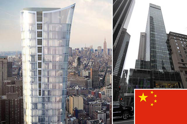 Rendering of 111 Murray Street (credit: Kohn Pedersen Fox) and 717 Fifth Avenue (inset: Chinese flag)