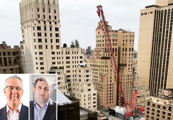 The 220-foot-tall crane at 111 West 57th Street in Midtown (credit: JE Dolci) (inset: Kevin Maloney and Michael Stern)