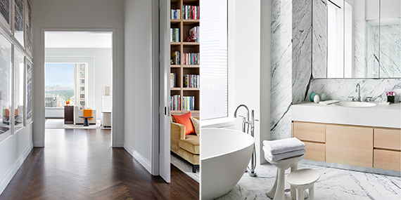 From left to right: Gallery and bathroom at 432 Park (Photo: Scott Frances for CIM Group & Macklowe Properties)