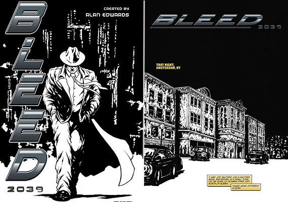 From left: Cover and a page of "Bleed 2039" by Alan James Edwards and Abdul Rashid