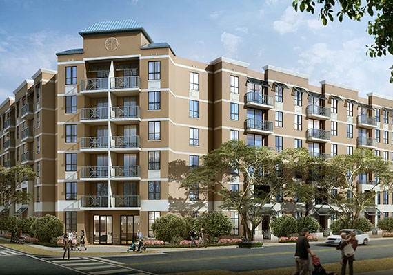 A rendering of the Courtside Family Apartments affordable housing community in Miami