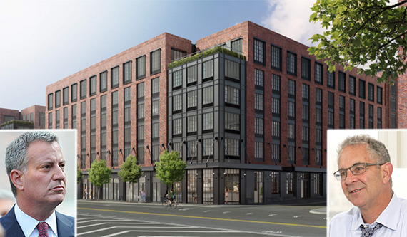 Rendering of 21 Commercial Street in Greenpoint (credit: Handel Architects) (inset: Bill de Blasio and Ron Moelis)