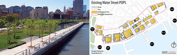 From left: Hudson River Park and a map of privately owned public spaces along Water Street