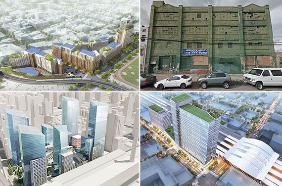Clockwise from left: Rendering of 626 Bergen Avenue, 5049 46th Avenue in Long Island City, rendering of the Crossing in Jamaica and a rendering of Riverside Center on the Upper West Side