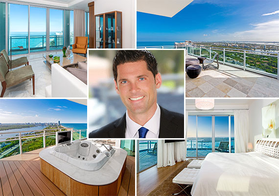 The penthouse at 10295 Collins Avenue and listing agent Chad Carroll (Credit: Daniel Petroni)