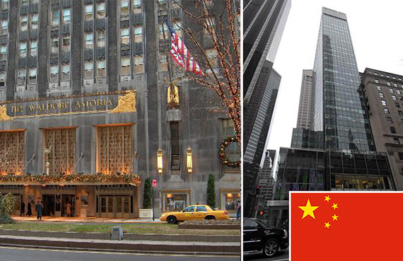 From left: The Waldorf-Astoria and 717 Fifth Avenue (inset: Chinese flag)