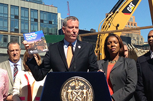 Mayor Bill de Blasio at the announcement of his affordable housing plan last year