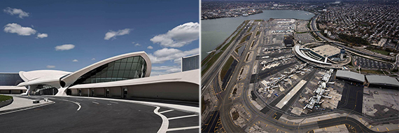 From left: Rendering of TWA Flight Center Hotel at JFK Airport (Credit: MCR Development) and LaGuardia Airport