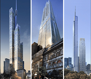 Three apocryphal renderings of 217 West 57th Street in Midtown. From left: Foster + Partners, Rogers Stirk Harbour + Partners and Smith + Gill