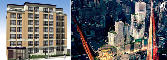 From left: Renderings of 382 Lefferts Avenue and City Point in Brooklyn