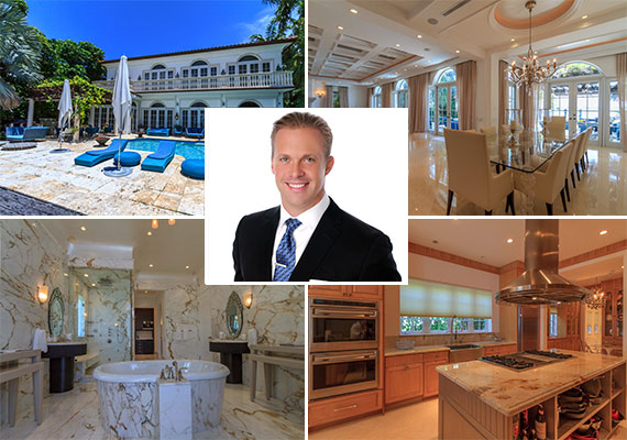 The waterfront home at 5310 North Bay Road and listing agent Darin Tansey of Douglas Elliman