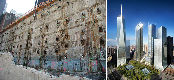 From left: the World Trade Center slurry wall and a rendering of the whole complex