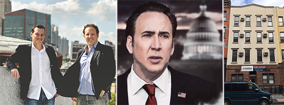 From left: Benji Kohn, David Manheimer, Nicolas Cage on "The Runner" poster, and 116 Bedford Avenue in Williamsburg