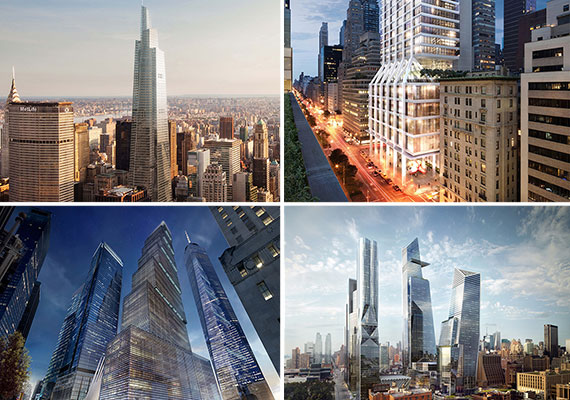 (clockwise from top l.) One Vanderbilt, 245 Park Avenue, Hudson Yards and Two World Trade Center