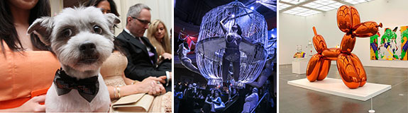 From left: an expensive pup, a scene from "Ziegfeld’s Midnight Frolic" and a sculpture by Jeff Koons