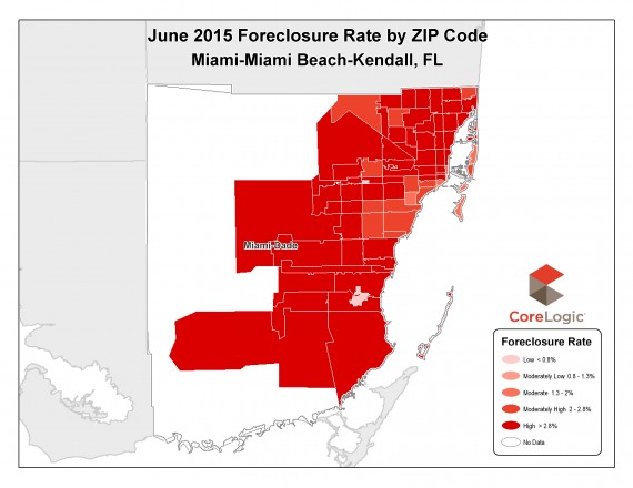 (Click to enlarge) A map of foreclosures by neighborhood in Miami-Dade County for June