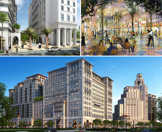 Renderings of Paseo de la Riviera, a curbless Giralda Avenue and the Mediterranean Village at Ponce Circle