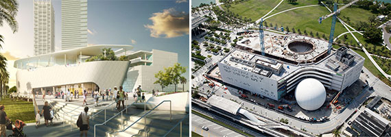 A rendering of the science museum and construction progress as of July.