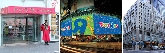 From left: FAO Shwartz's 59th street location, Toys "R" Us in Times Square and the Brill Building
