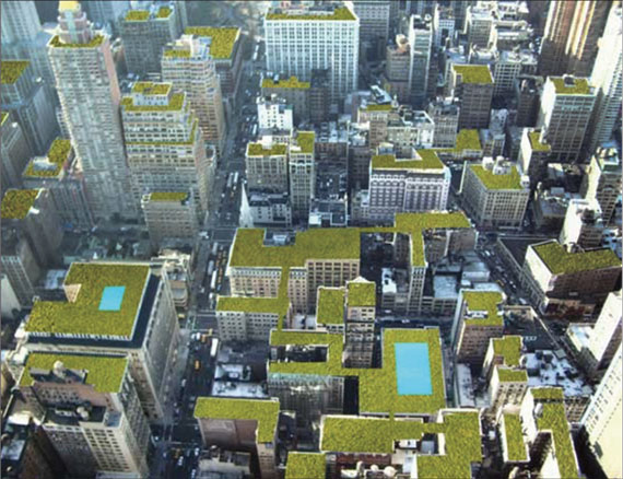 A rendering of green rooftops in Manhattan