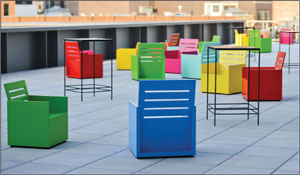 “Sunset,” brightly colored chairs by artist Mary Heilman, is on display in the Whitney’s largest outdoor gallery.