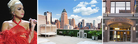 From left: Lady Gaga And 421 West 54th Street terrace (credit: Douglas Elliman) and facade