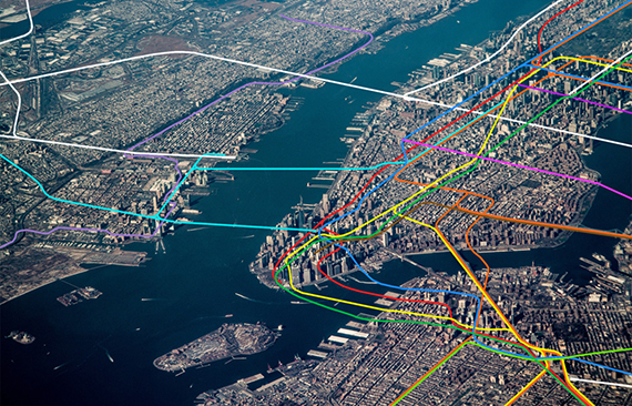 Aerial view of the city's subway lines (credit: Arnorrian and Dennis Dimick/Flickr)