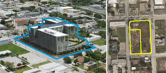 A rendering of what the property could be developed into and an overheard view of the two lots.