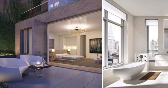 From left: Outdoor living space and a penthouse bathroom at 21W20