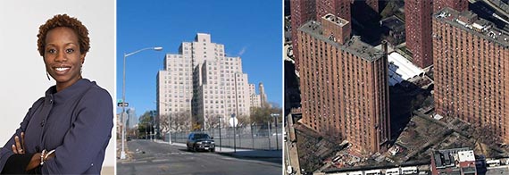 From left: NYCHA's Shola Olatoye, Wyckoff Gardens in Boerum Hill and Holmes Towers on the Upper East Side