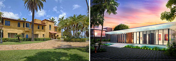 Existing home at 31 Star Island Drive and rendering of proposed new home by Kobi Karp